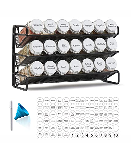 SpaceAid Spice Rack Organizer with 21 Spice Jars, 386 Spice Labels, Chalk Marker and Funnel Set for Cabinet, Countertop, Pantry, Cupboard or Door & Wall Mount - 21 Jars, 13.4" W  9" H, White
