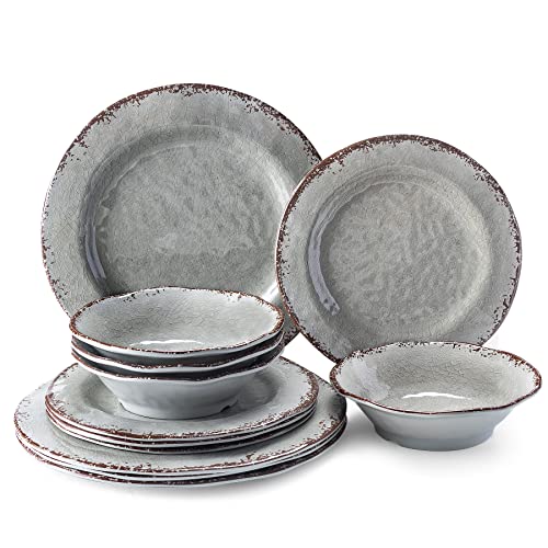 LEHAHA Farmhouse Melamine Dishes Dinnerware Set, 12 Piece Rustic Plates and Bowls Great for Picnic, Camping, Service for 4, Reusable and Dishwasher Safe, Indoor and Outdoor Use
