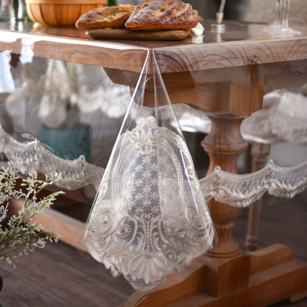 ARTABLE Vinyl PVC Rectangle Tablecloth Waterproof Clear Table Cover with Champagne Lace Macrame Border for Wedding Kitchen Home Outdoor Indoor Holidays Party Decor (Stone, 60 x 84 Inch)