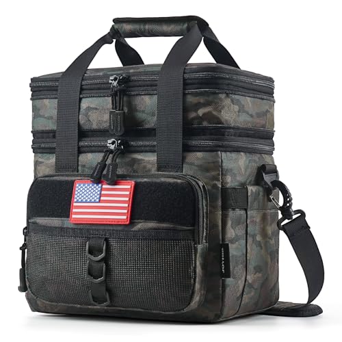 JOYHILL Tactical Lunch Box for Men, Double Deck Expandable Insulated Lunch Bag, Large Durable Thermal and Cooler Bag for Adult, Modern Leakproof Bag for Work, Camping, Picnic, Green Camo,18 L/24 Can