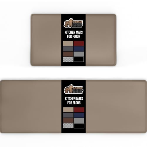 GORILLA GRIP 2 Pack Comfortable Cushioned Kitchen Mats for Floor, 17x24 + 17x48, Waterproof and Stain Resistant, 1/2 Inch Thick Soft Ergonomic Standing Desk Anti Fatigue Mat, Foam Supports Feet, Beige