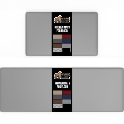 GORILLA GRIP 2 Pack Comfortable Cushioned Kitchen Mats for Floor, 17x29 + 17x59, Waterproof and Stain Resistant, 1/2 Inch Thick Soft Ergonomic Standing Desk Anti Fatigue Mat, Foam Supports Feet, Gray