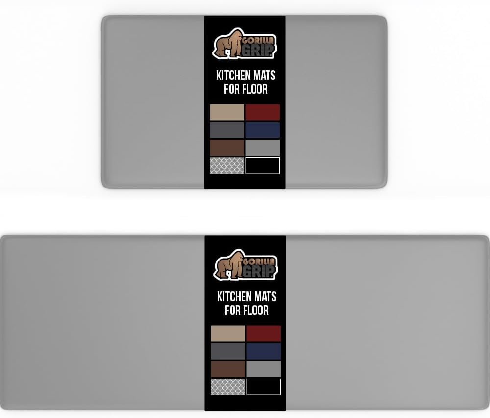 GORILLA GRIP 2 Pack Comfortable Cushioned Kitchen Mats for Floor, 17x24 + 17x48, Waterproof and Stain Resistant, 1/2 Inch Thick Soft Ergonomic Standing Desk Anti Fatigue Mat, Foam Supports Feet, Gray