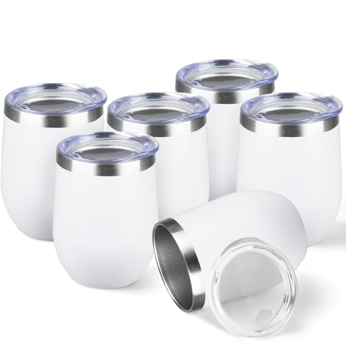 StarSpeed 12oz/6 Pack Wine Tumbler with lid, Stainless Steel Travel Mugs Stemless Double Wall Insulated Coffee Cup, Insulated Wine Glasses Travel Tumbler for Cold & Hot Drinks(White, 6)