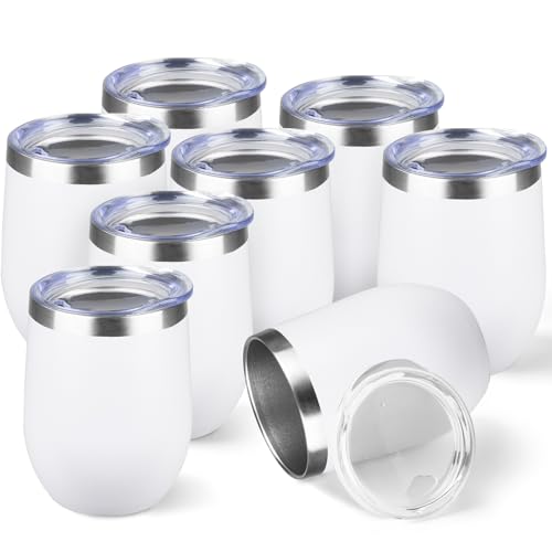 StarSpeed 12oz/8 Pack Wine Tumbler with lid, Stainless Steel Travel Mugs Stemless Double Wall Insulated Coffee Cup, Insulated Wine Glasses Travel Tumbler for Cold & Hot Drinks(White, 8)