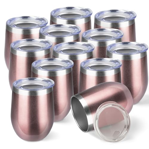 StarSpeed 12oz/12 Pack Wine Tumbler with lid, Stainless Steel Travel Mugs Stemless Double Wall Insulated Coffee Cup, Insulated Wine Glasses Travel Tumbler for Cold & Hot Drinks(Rose Gold, 12)