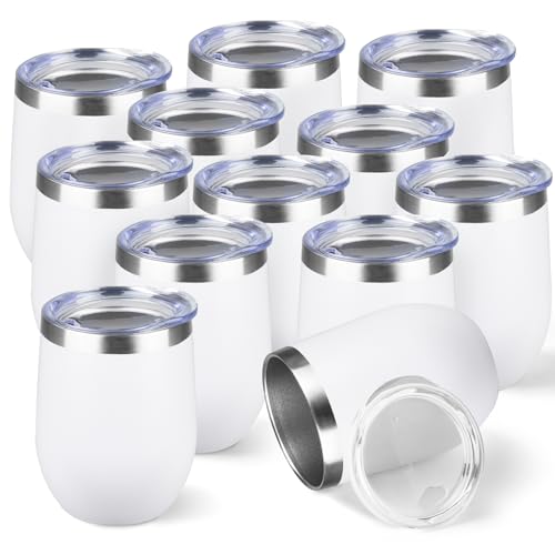 StarSpeed 12oz/12 Pack Wine Tumbler with lid, Stainless Steel Travel Mugs Stemless Double Wall Insulated Coffee Cup, Insulated Wine Glasses Travel Tumbler for Cold & Hot Drinks(White, 12)