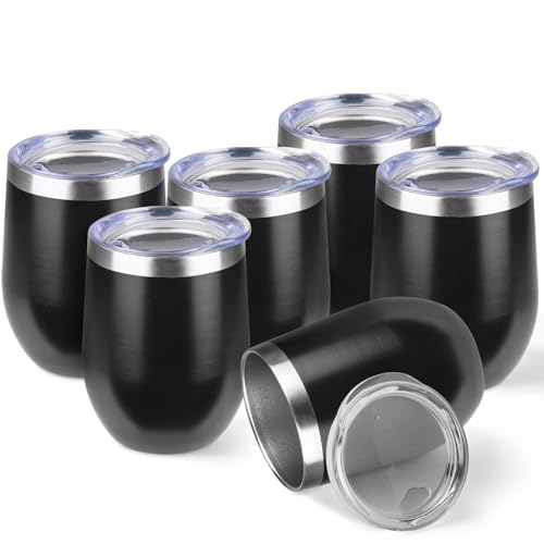 StarSpeed 12oz/6 Pack Wine Tumbler with lid, Stainless Steel Travel Mugs Stemless Double Wall Insulated Coffee Cup, Insulated Wine Glasses Travel Tumbler for Cold & Hot Drinks(Black, 6)