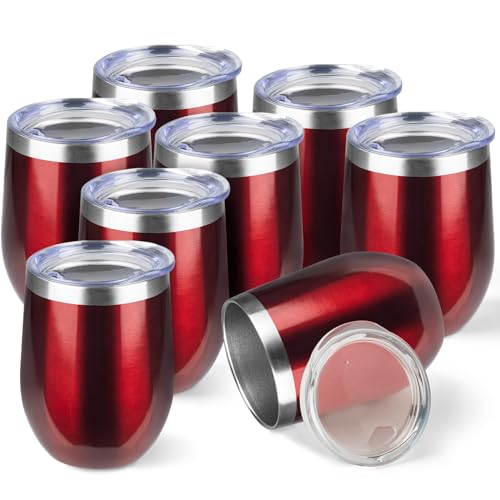 StarSpeed 12oz/8 Pack Wine Tumbler with lid, Stainless Steel Travel Mugs Stemless Double Wall Insulated Coffee Cup, Insulated Wine Glasses Travel Tumbler for Cold & Hot Drinks(Transparent Red, 8)