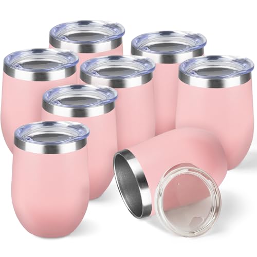 StarSpeed 12oz/8 Pack Wine Tumbler with lid, Stainless Steel Travel Mugs Stemless Double Wall Insulated Coffee Cup, Insulated Wine Glasses Travel Tumbler for Cold & Hot Drinks(Light Pink, 8)