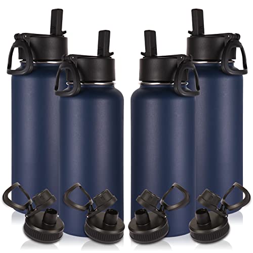 Volhoply 32 oz Insulated Water Bottles Bulk 4 Pack with Straw Lid & Spout Lid,Stainless Steel Sports Water Bottle,Double Wall Vacuum Cups,Leakproof Wide Mouth Metal Flask for Hiking,Camping(Navy,4)