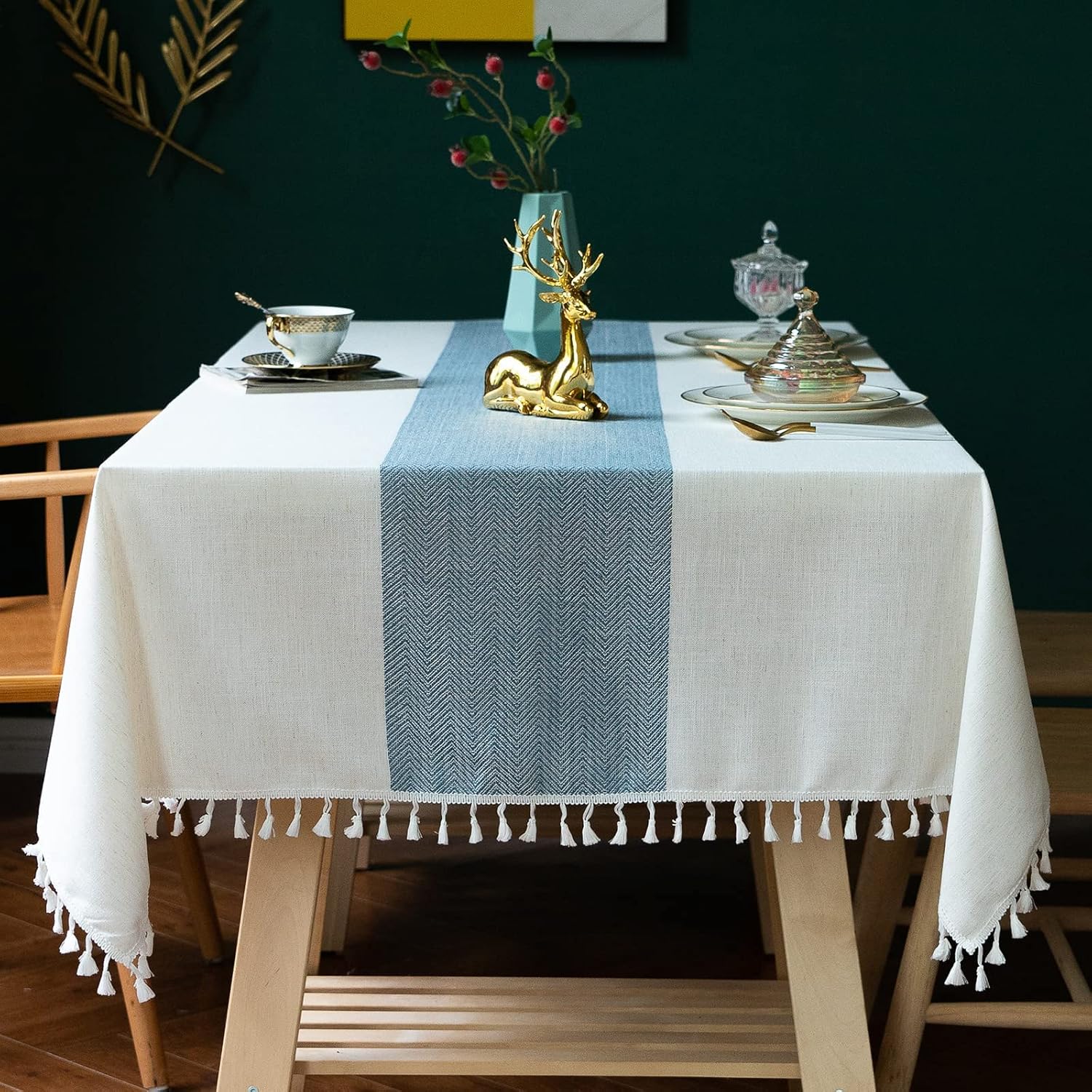 JIALE Tablecloths for Rectangle Tables,Cotton Linen Table Cloth Waterproof Tablecloth Wrinkle Free Farmhouse Dining Tables Cover,Soft Fabric Table Cloths with Tassels, Blue, 55" X 102",8-10 Seats