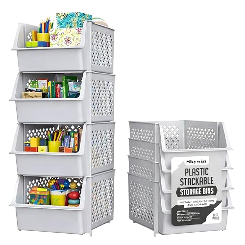 TidyFriend Stackable Storage Bins for Pantry, 4 Pack Stackable Bins For Organizing Food, Kitchen, and Bathroom Essentials (Light Grey)