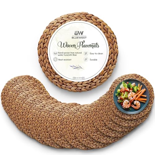 (Sizes: 12"-13"-14") BLUEWEST Woven Placemats Set of 14, Brown Round Rattan Water Hyacinth Table Mats, Braided Heat-Resistant & Anti-Slip Design for Dining Table (13'')
