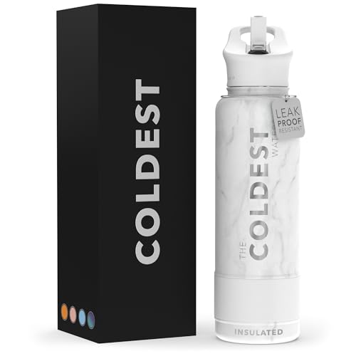 Coldest Insulated Water Bottle with Straw Lid - Stainless Steel Metal Insulated Bottle for Men & Women (Carrara Marble, 40 oz)