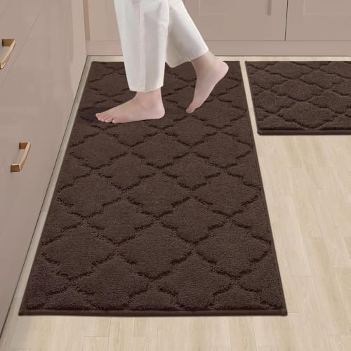 COSY HOMEER Soft Kitchen Rugs [2 PCS] for in Front of Sink Super Absorbent Kitchen Floor Mats and Mats 20x30 Inch/20X48 Non-Skid Kitchen Mat Standing Mat Washable,Polyester,Brown