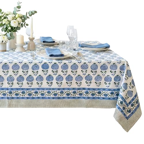 ATOSII Roma Blue 100% Cotton Boho Rectangle Fall Tablecloth, Handblock Floral Print Table Cloth Linen for Kitchen Dining I Parties, Outdoors, Weddings, Christmas, Thanksgiving Decor 60 X 90 Inches
