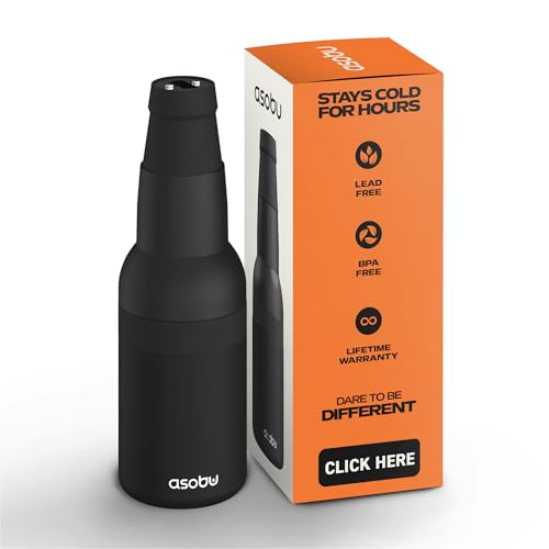 Asobu Frosty Beer Holder 2 Go Vacuum Insulated Double Walled Stainless Steel Beer Can and Bottle Cooler with Beer Opener, Bpa Free, Fits Standard 12oz Bottles, Gift for Beer Lovers (Midnight Black)