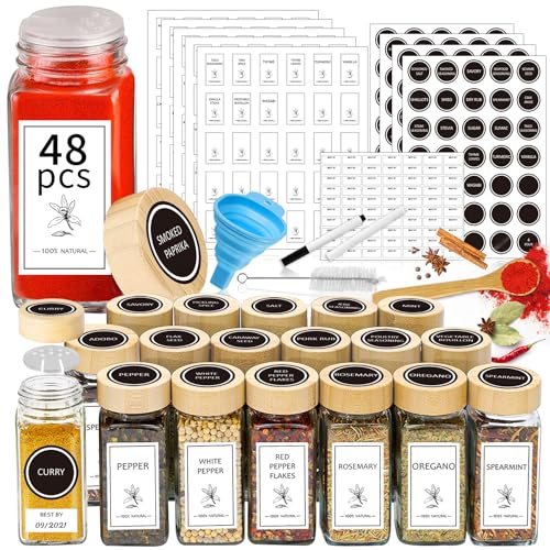 Aliggbent Spice Jars with Lable, 48 Pcs 4 oz Glass Spice Jars with Bamboo Lids, Spice Containers Bottles, Glass Seasoning Jars with Shaker Lids, Collapsible Funnel, for Spice Racks, Pantry,Cupboard