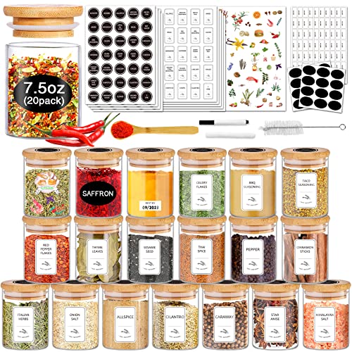 SLifeJars-Spice Jars with Label, 7.5 oz 20pcs Spice Containers Glass Jars with Bamboo Lids, Seasoning Containers Bottles,Airtight Empty Spice Jars for Spice Rack, Drawer,Cabinet,Pantry