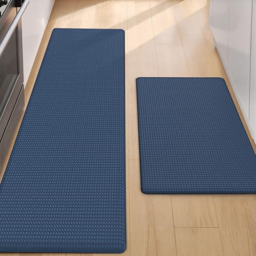 Color&Geometry Anti Fatigue Cushion Padded Kitchen Mat for Floor - 17x29+17x59,Easy Clean, Waterproof & Oil Proof, Anti Slip, Foam Rubber Runner Rug for Front Sink Comfort Standing, Blue Set of 2