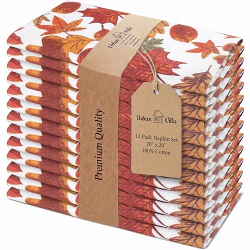 Urban Villa Cloth Napkins Set of 12 20x20 Inches 100% Cotton Napkins Cloth Washable Durable Reusable Absorbent Table Dinner Napkins Cloth for Thanksgiving Hotel Lunch Restaurant Parties  Leaves Print