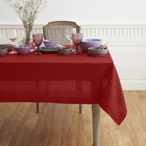 Solino Home Linen Red Tablecloth 60 x 108 Inch - 100% Pure Linen Rectangular Tablecloth - Machine Washable Table Cloth for Christmas, Holiday, Winter - Fete