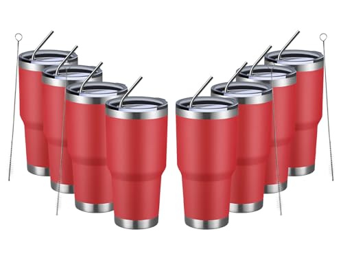 MEWAY 30oz Insulated Tumbler With Lids and Straws,Stainless Steel Double Vacuum Coffee Tumbler Cup, Brush, Durable Powder Coated Coffee Cup for Cold & Hot Drinks, Office, Travel(Coral red,8 PACK)