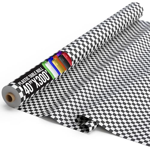 Party Solids Checkered Black and White Plastic Table Cover Roll 40" X 300' Table Cloth Plastic Cover Roll - Premium Quality Thick 0.5 MIL Banquet Rolls - Disposable Tablecloth Rolls