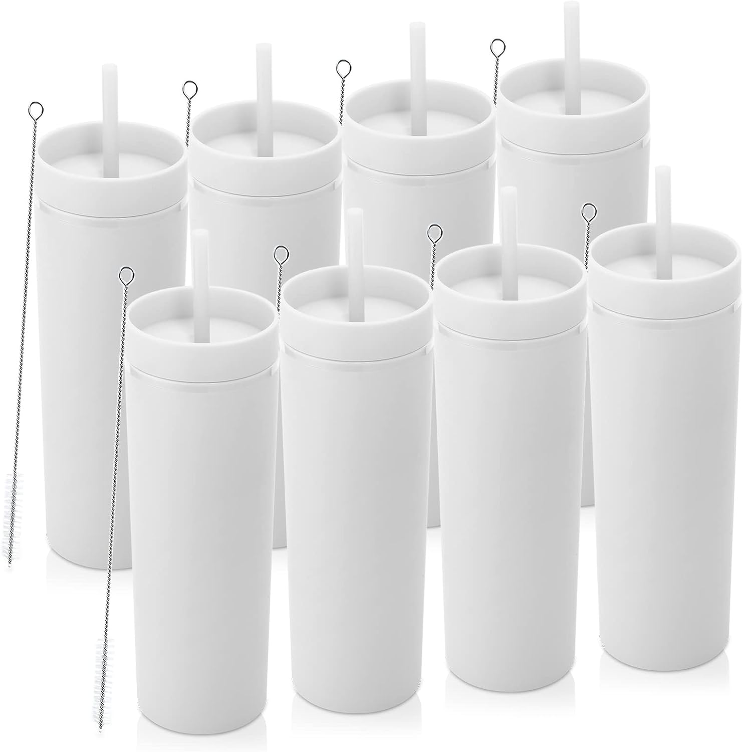 Volhoply 20oz Tumbler with Lid and Straw 8 Pack,Double Wall Plastic Skinny Tumblers Bulk,Reusable Travel Cute Coffee Mug,BPA Free Matte Acrylic Water Cups With Straw for Party,DIY Gifts(White,8 Set)