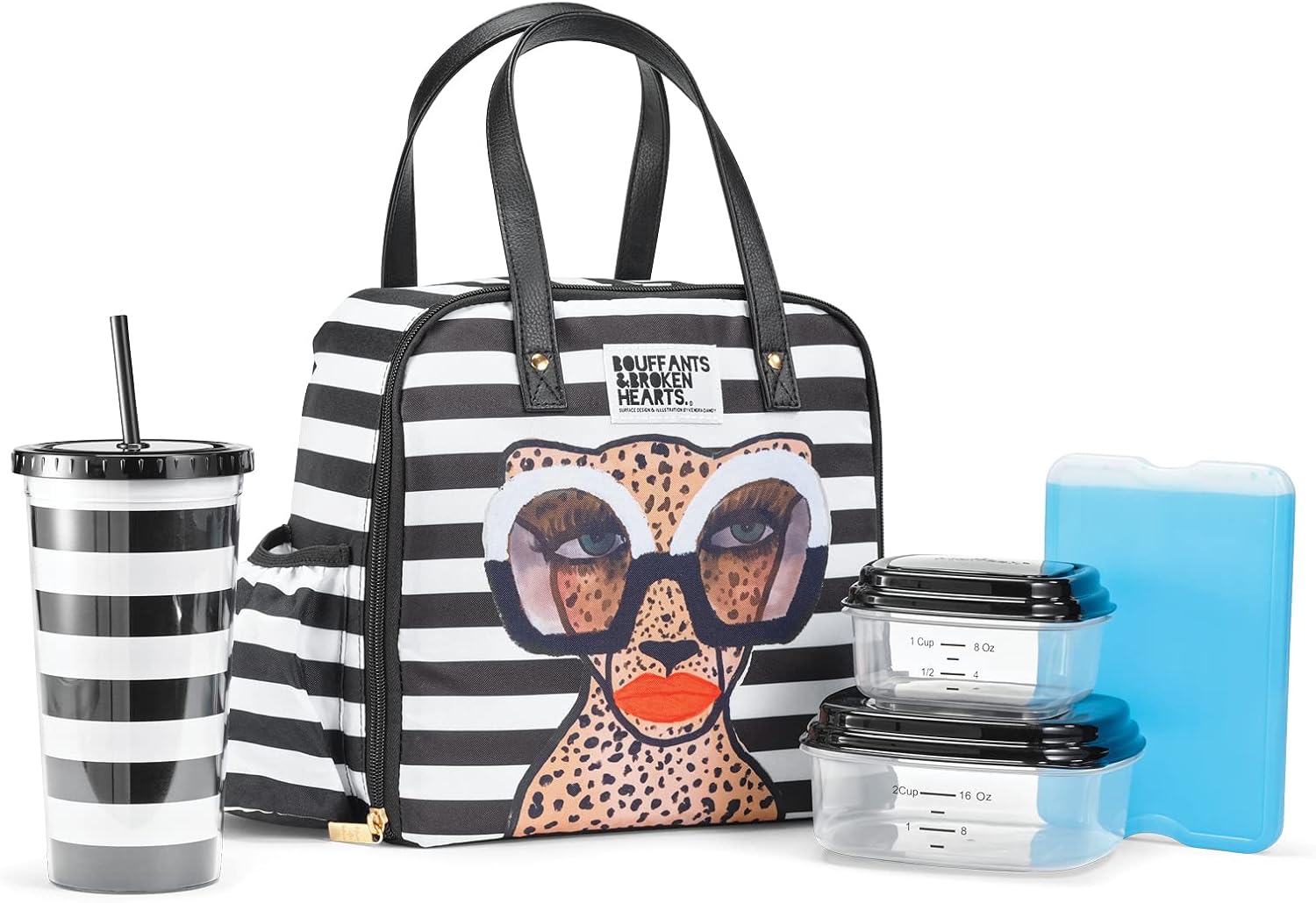 Fit & Fresh Lunch Bag For Women, Insulated Womens Lunch Bag For Work, Leakproof & Stain-Resistant Large Lunch Box For Women With Containers, Tumbler and Ice Pack, Zipper Closure B&W Glam Cat