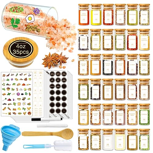 Spice Jars with Labels, 35 Pcs 4 oz Glass Spice Jars with Bamboo Lids, Minimalist Stackable Airtight Spice Containers with 426 labels for Home Kitchen, Pantry, Spice Cabinet, Drawer, Rack
