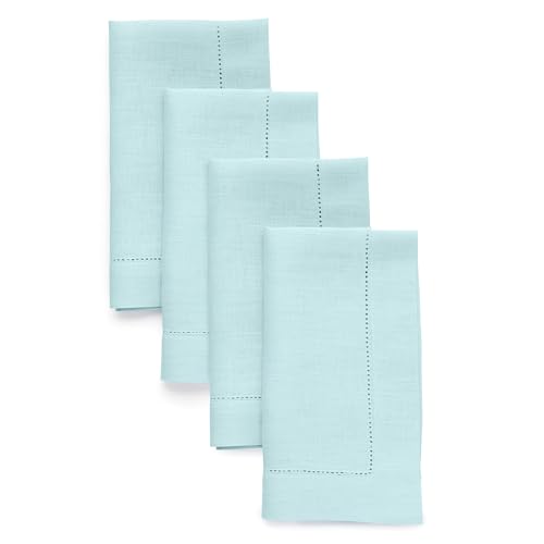 Solino Home Aqua Blue Linen Napkins Set of 4-100% Pure Linen Hemstitch Dinner Napkins 20 x 20 Inch - Classic Hemstitch