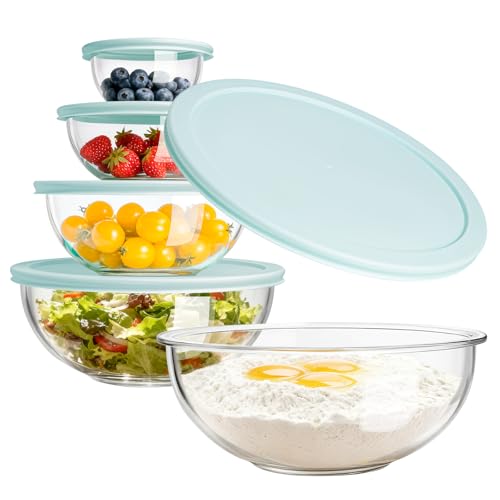 Luvan Glass Mixing Bowl with Lids Set of 5(0.2QT, 0.5QT, 1.1QT, 2.1QT, 3.75 QT), Space-Saving Nesting Bowls Anti-slip Salad Bowls for Storage, Cooking, Microwave,Freezer,Oven and Dishwasher Safe