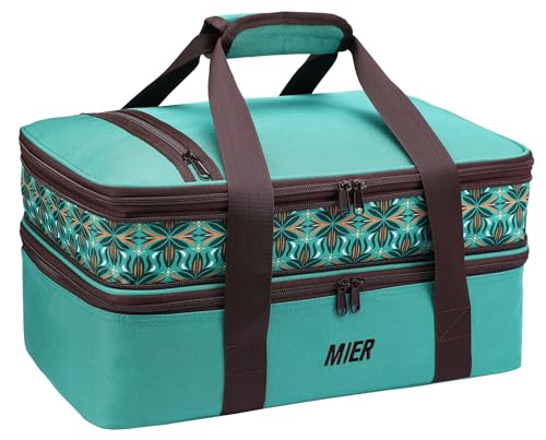 MIER Insulated Double Casserole Carrier Bag Thermal Lunch Tote for Lasagna Lugger, Potluck Parties, Picnic, Beach, Fits 9 x 13 Inches Baking Dish, Casserole Dish, Expandable by Mid Zipper, Teal