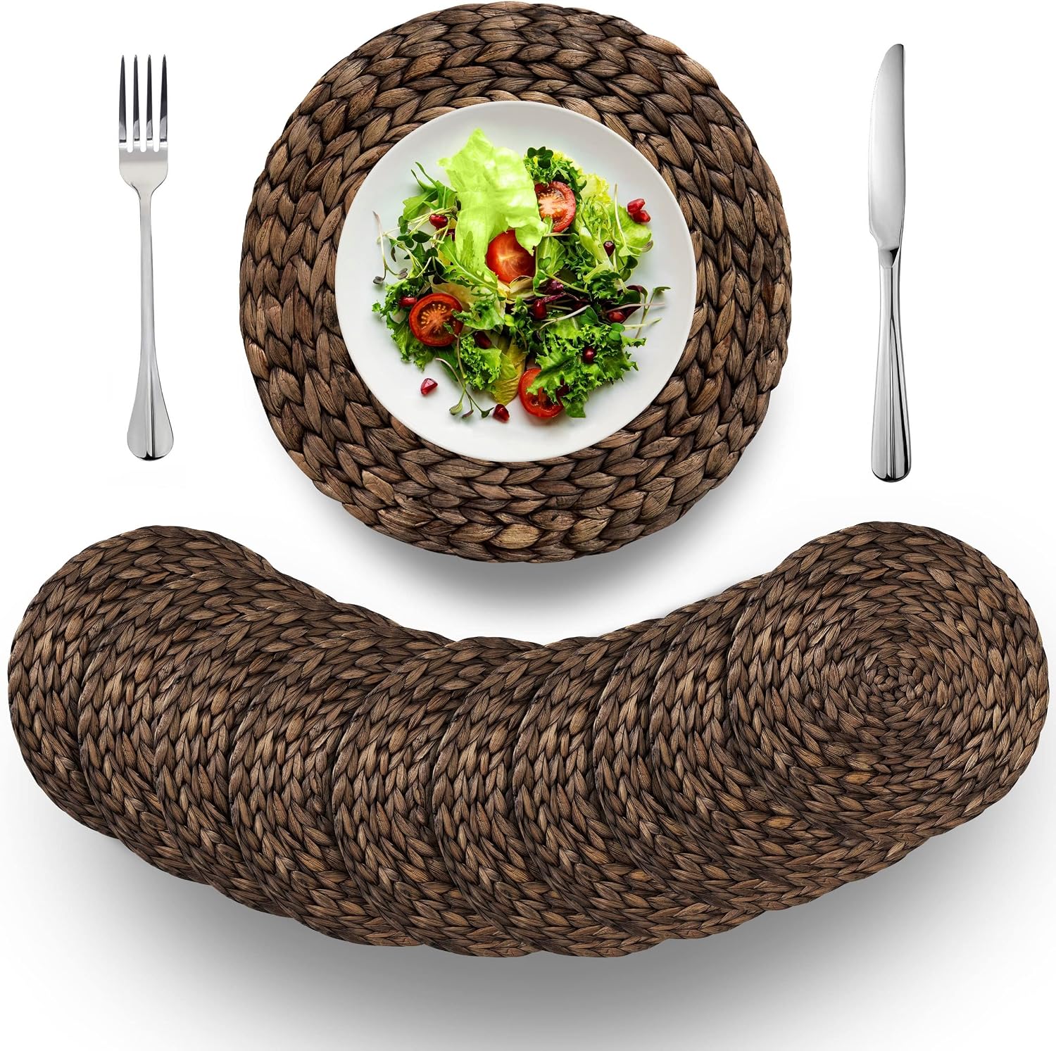 (4 Sizes: 12"-13"-14"-15") BARIEN Rustic Woven Placemats Round Set of 10, Natural Water Hyacinth Weave Placemat for Dining Table, Large Handmade Woven Placemats Heat Resistant Non-Slip (13" - Set 10)