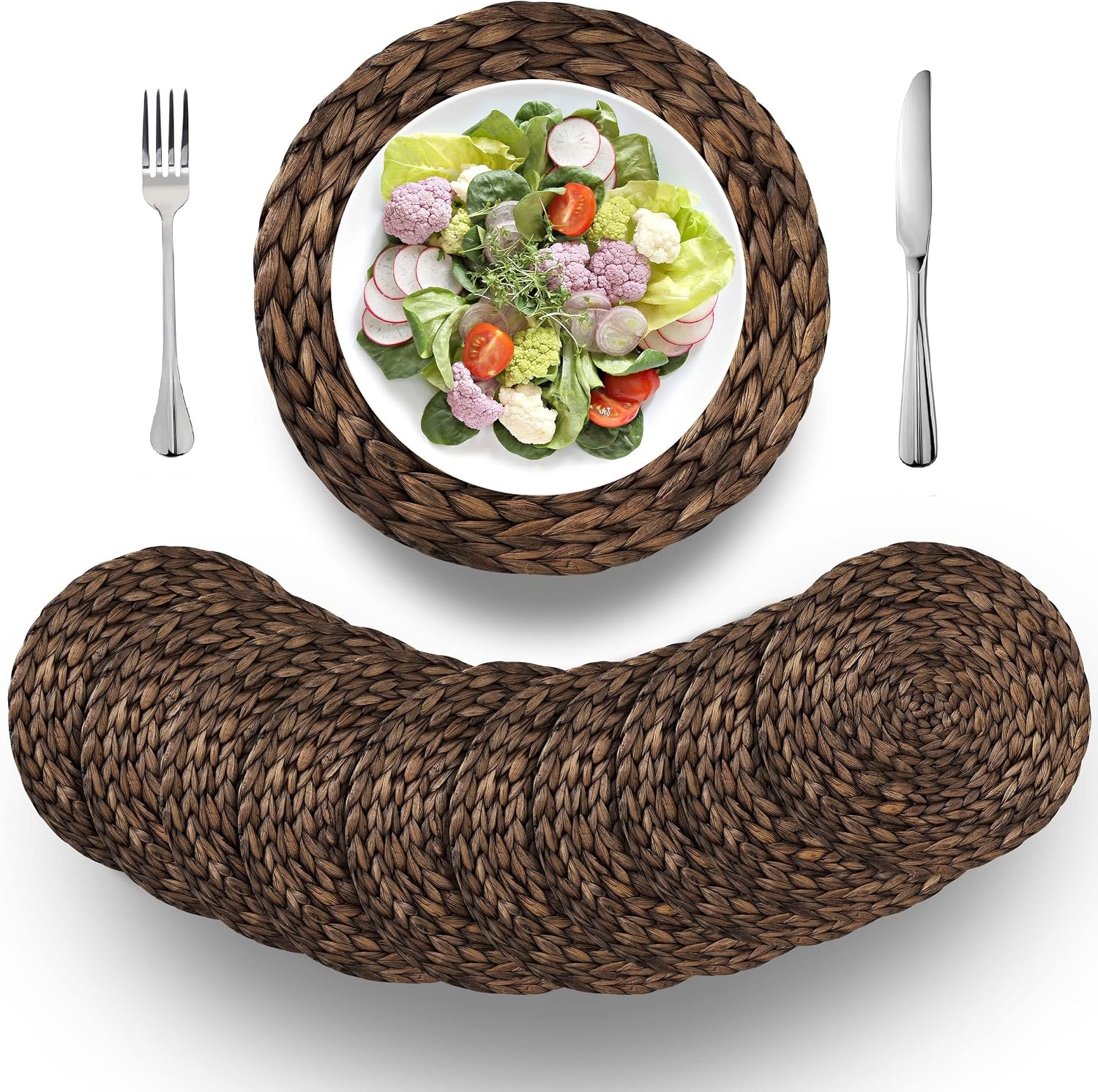 (4 Sizes: 12"-13"-14"-15") BARIEN Rustic Woven Placemats Round Set of 10, Natural Water Hyacinth Weave Placemat for Dining Table, Large Handmade Woven Placemats Heat Resistant Non-Slip (12" - Set 10)