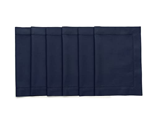 Solino Home Navy Blue Placemats Set of 6 - Cotton Linen Hemstitch Placemats 14 x 19 Inch for Fall, Autumn, Thanksgiving, Christmas, Holiday