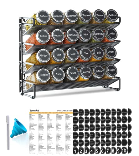 SpaceAid Spice Rack Organizer with 24 Spice Jars, 386 Spice Labels, Chalk Marker and Funnel Set for Cabinet, Countertop, Pantry, Cupboard or Door & Wall Mount -24 Jars, 11.8" W  10.8" H, Black