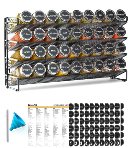 SpaceAid Spice Rack Organizer with 36 Spice Jars, 386 Spice Labels, Chalk Marker and Funnel Set for Cabinet, Countertop, Pantry, Cupboard or Door & Wall Mount - 36 Jars, 17.2" W  10.8" H, Black