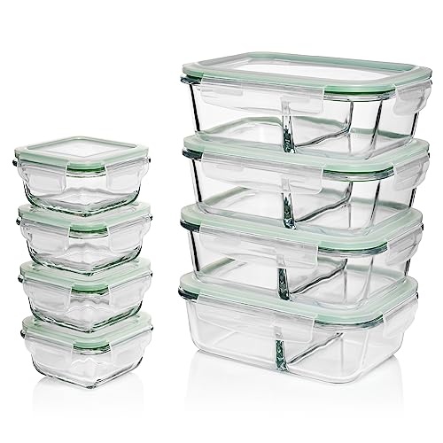 Fusion Gourmet Glass Meal Prep Containers with Lids [8 Pack, 33 oz & 4.5 oz] - 2 Compartment Divided Glass Bento Boxes for Adults, Oven Safe & Airtight