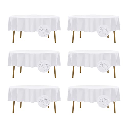 Fokitut 6 Pack Waterproof Round Tablecloth, 90 Inch, Stain Resistant and Wrinkle Polyester Table Cloth, Fabric Table Cover for Kitchen Dining, Wedding, Party, Holiday Dinner-White