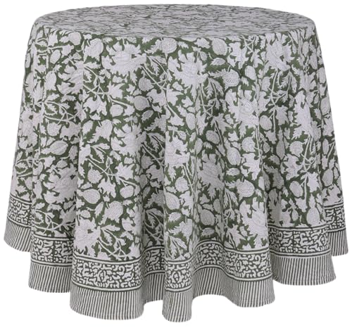 ATOSII Meraki Green 100% Cotton Round Summer Tablecloth, Block Print Floral Table Cloth for Kitchen Dining Linen I Parties, Weddings, Outdoors I Grand Millennial Home Decor 72" Inches I Memorial Day