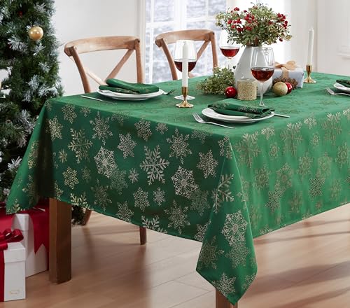 Newbridge Fancy Metallic Snowflake Christmas Fabric Tablecloth, 60 x 144 Inch Rectangle, Hunter Gold, No-Iron Soil Resistant Sparkling Snowflakes Woven Holiday Table Cover