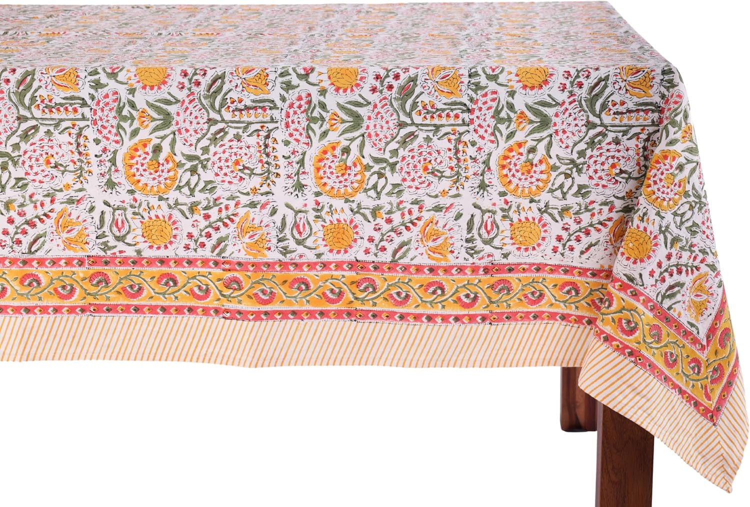 ATOSII Clover Yellow 100% Cotton Rectangle Fall Tablecloth, Handblock Floral Print 60 X 90 Inches