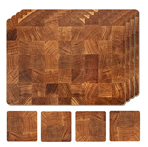 Set of 4 Heat Resistant Cork Placemats for Dining Table with Free Set of 4 Matching Drink Coasters Marble Design 16 x 12 Inches Cork Backed Hard Placemats (Honey Oak)