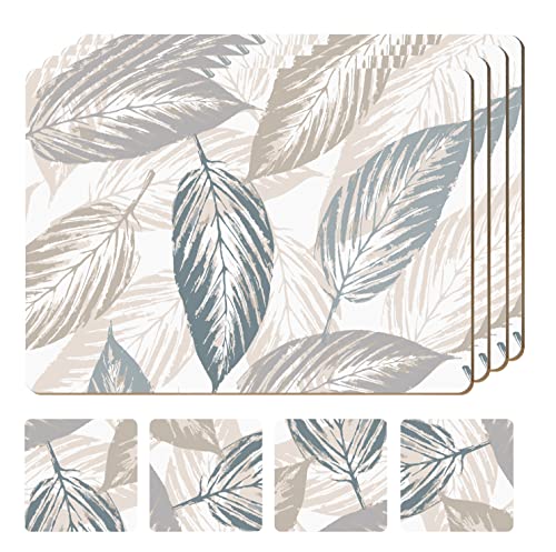 Set of 4 Heat Resistant Cork Placemats for Dining Table with Free Set of 4 Matching Drink Coasters Marble Design 16 x 12 Inches Cork Backed Hard Placemats (Farmhouse Rustic Leaves)