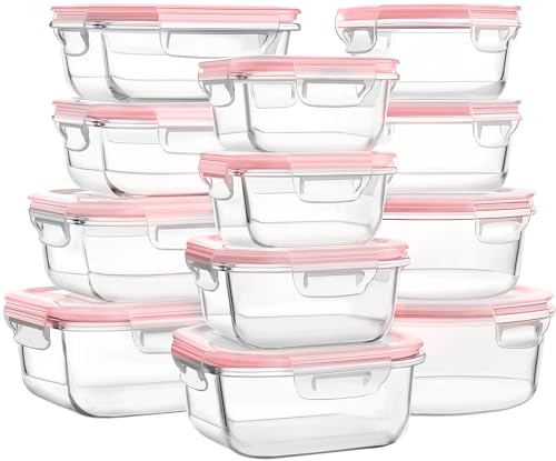 Bayco Glass Food Storage Containers with Lids, [24 Piece] Glass Meal Prep Containers, Airtight Glass Bento Boxes, BPA Free & Leak Proof (12 lids & 12 Containers) - Pink