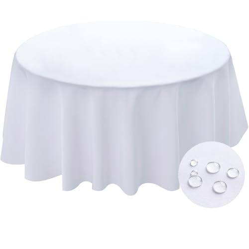 BYDOLL Table Cloth Round 120 Inch Tablecloth Fits Max110 Inch Diameter Top,White Washable Outdoor Winkle and Stain Resistant Spillproof Polyester Tablecloth for Round Tables Party Cover