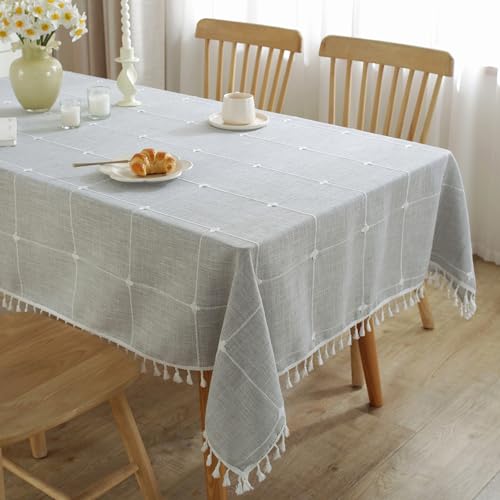 JIALE Rectangle Table Cloth, Heavy Duty Cotton Linen Waterproof Tablecloths Farmhouse Tablecloth, Soft and Wrinkle Free Table Cover with Tassels, 55''x102'',Grey Gingham